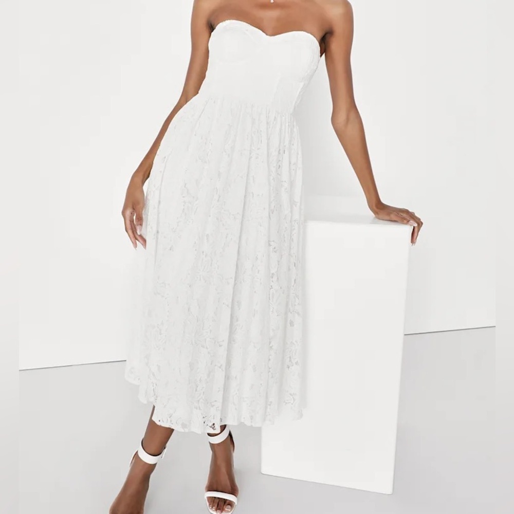 NWT Lulus Exquisite Aura White Lace Strapless Bustier Midi Dress - Picture 3 of 11
